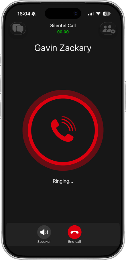 A phone displaying an active Silentel call, showing the caller’s name and ringing status.